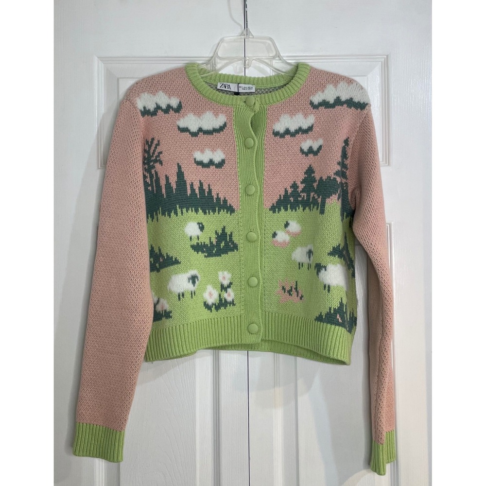ZARA Women's Knit Jacquard Fuzzy Sheep Landscape Cardigan Pink Green Size S‎ - Picture 12 of 16